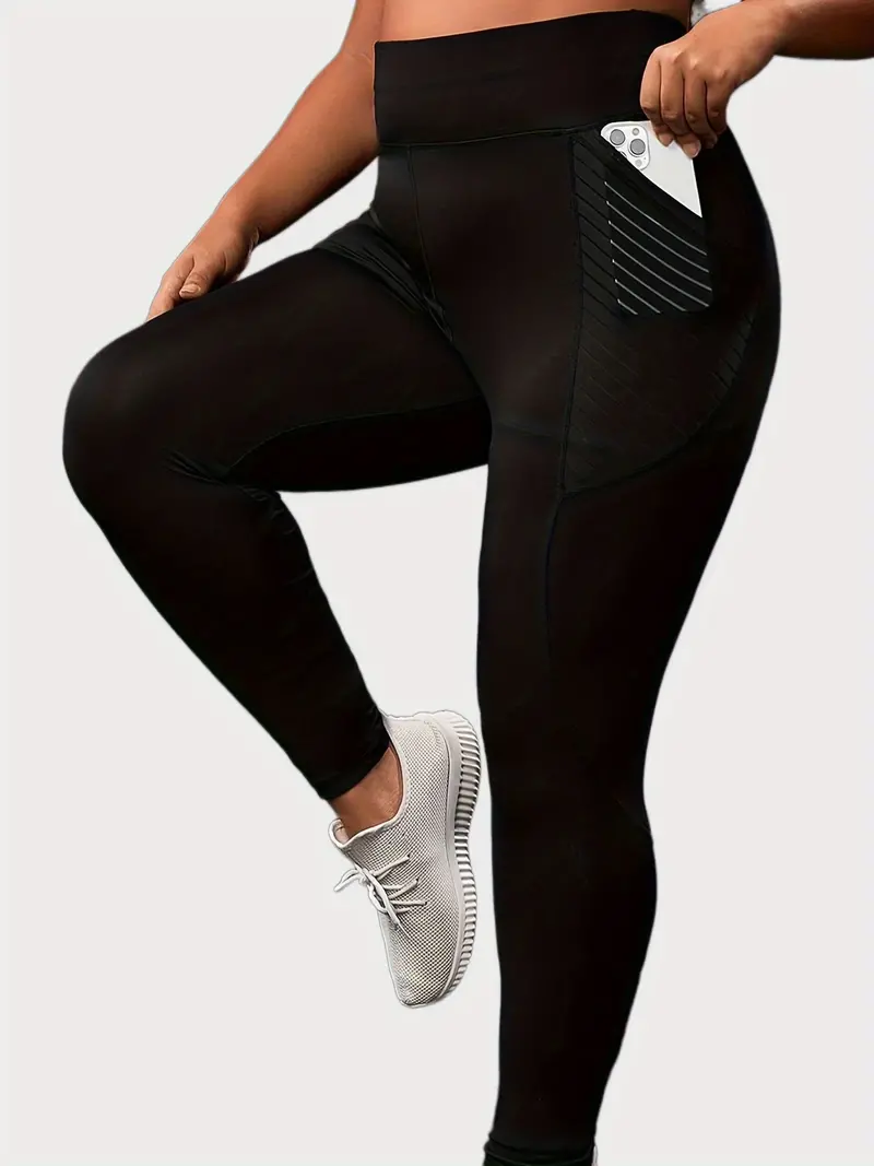 Plus Size Sports Leggings, Women's Plus Solid Pipping High * High Stretch  Skinny Leggings With Pockets