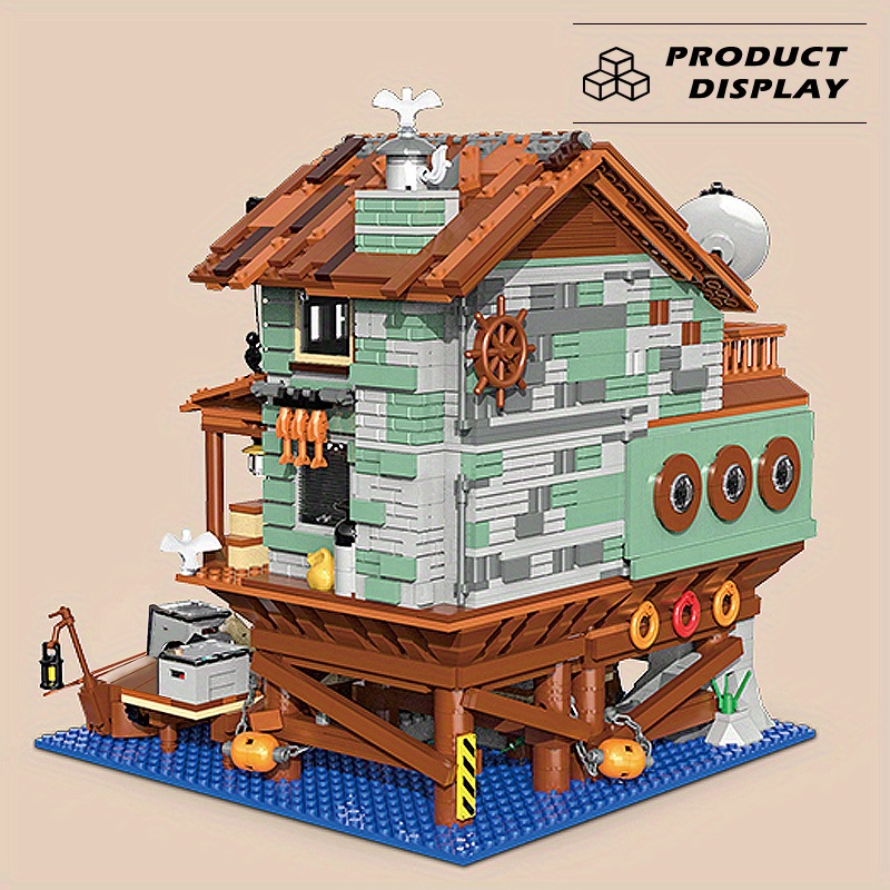 MOC City Old Fishing Store Wharf Fisherman Cabin Mini Size Building Blocks  Idea Street View Wooden House Bricks Toys For Kids