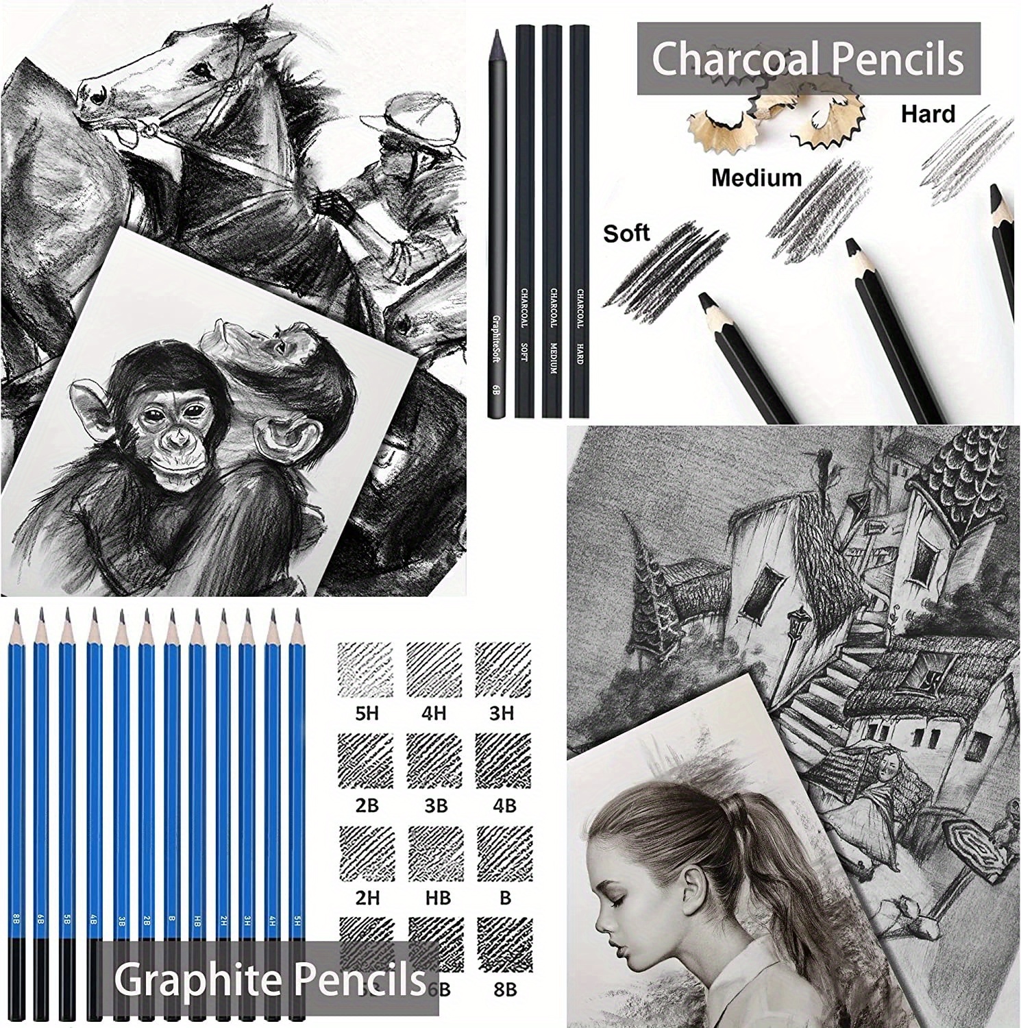 Professional 37/50/70 Pcs Drawing Sketching Pencil Set Beginner Artist Kit  Graphite Rod Eraser Sharpener Extender Sketchbook