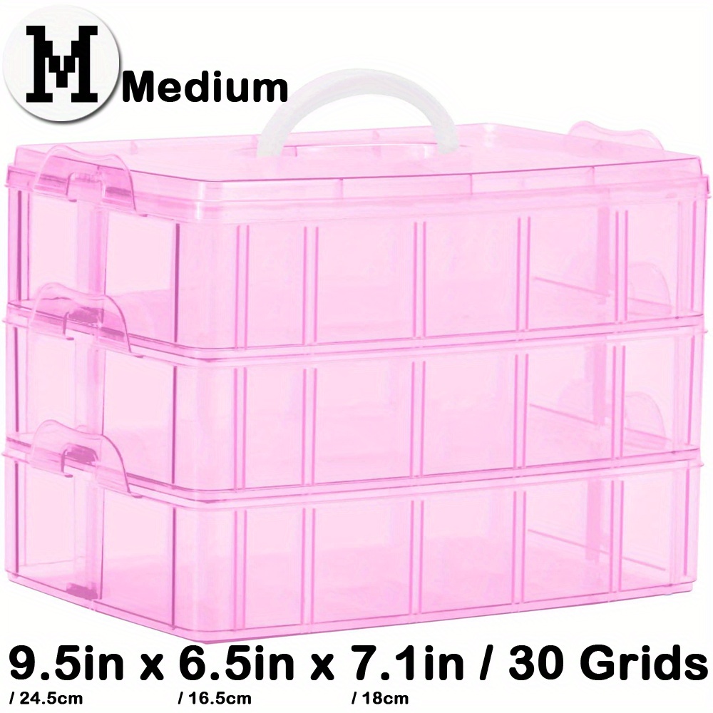 Casewin Layers Stackable Storage Organizer with 30 Adjustable Dividers  ，Pink Plastic Container Box for Arts and Crafts, Beads, Toy, Washi Tapes,  Nail