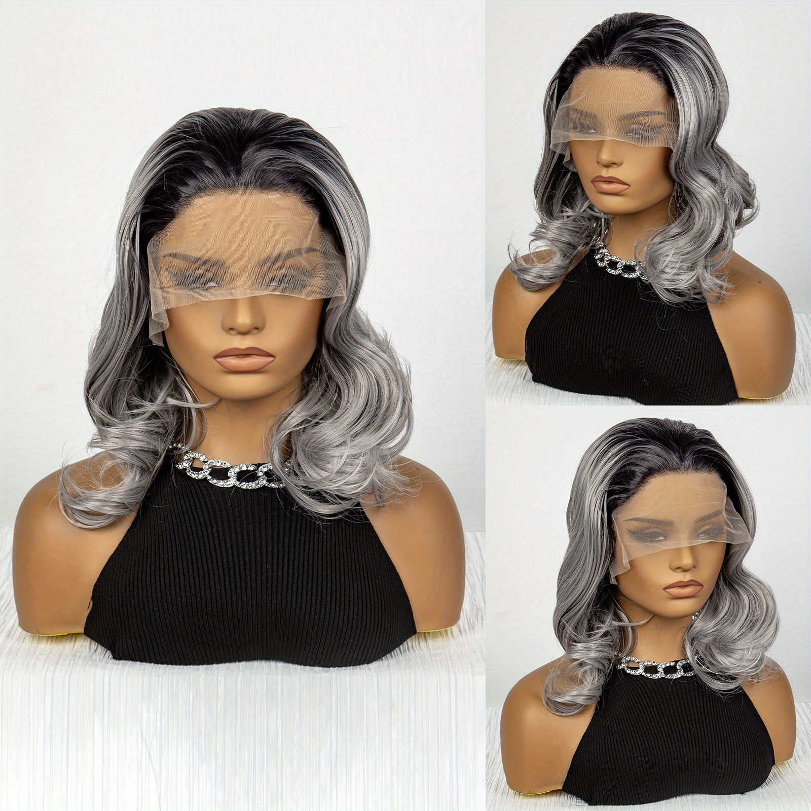 Black Ombre Gray Shoulder Length Wavy Hair Wigs 13 3 Lace Front Wigs For Women Fiber Heat Resistant Synthetic Wigs For Daily Party Halloween Use