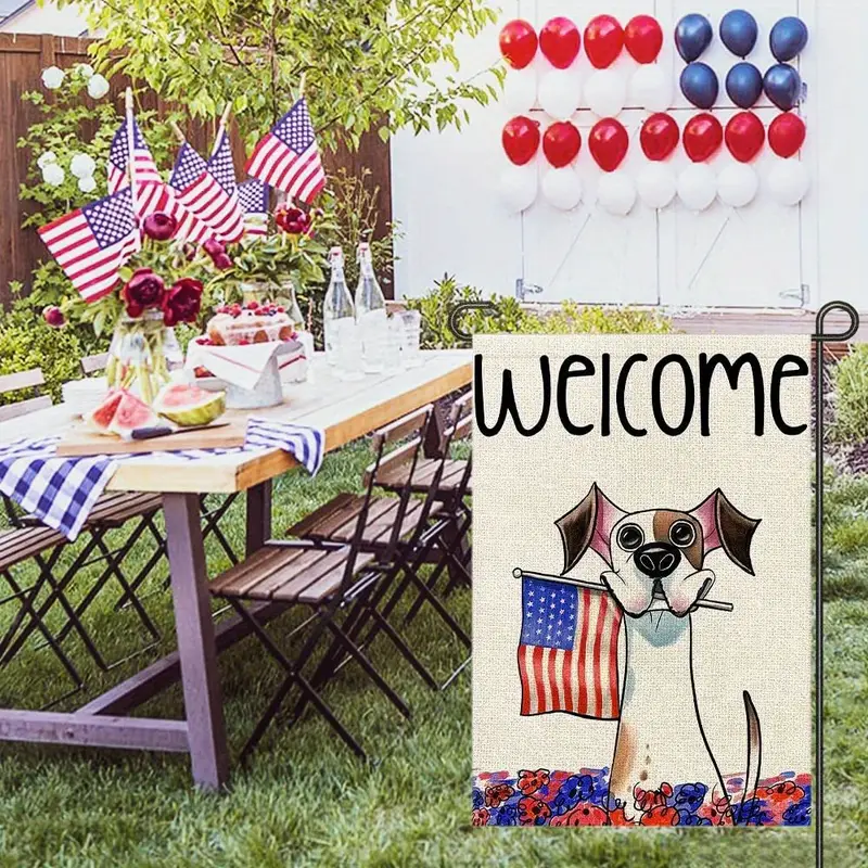 1pc 4th of july patrioctic welcome garden flags burlap double sided dog sign blue red independence day memorial day america flag outside yard decoration 12 x 18 inch 28 x 40 inch no flagpole details 1