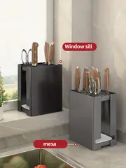 1pc multi functional knife block with drip tray and magnetic suction kitchen utensil storage rack and knife holder details 1