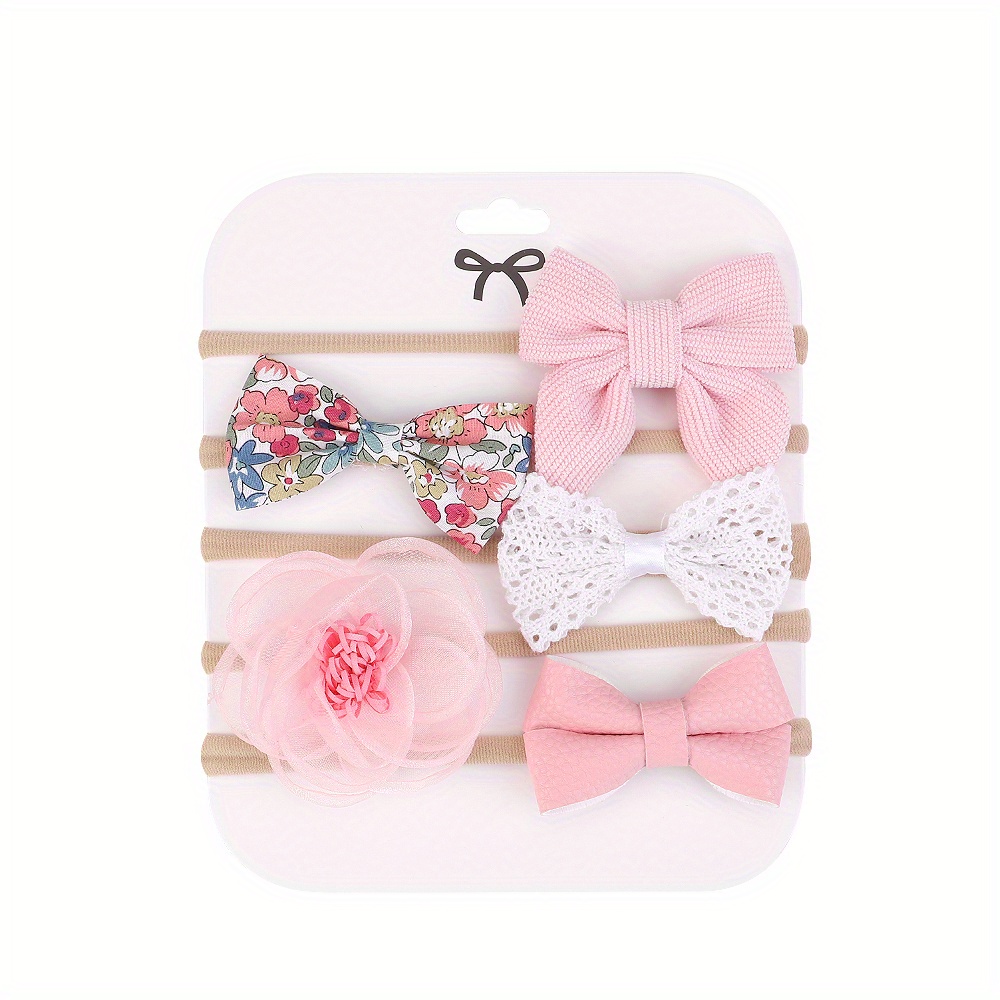 5-pack Elastic Bow Hairband Set | Soft Headbands With Hair Additions, Polyester, Mixed Colors By Darbiny