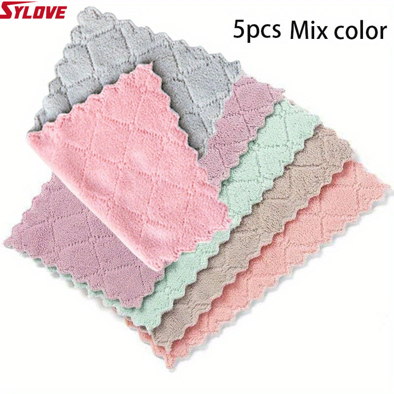 5pcs/10pcs, Coral Fleece Wavy Dishcloth, Kitchen Absorbent Dishcloth, Cleaning  Cloth, Cationic Thickened Dishcloth, Scouring Pad 
