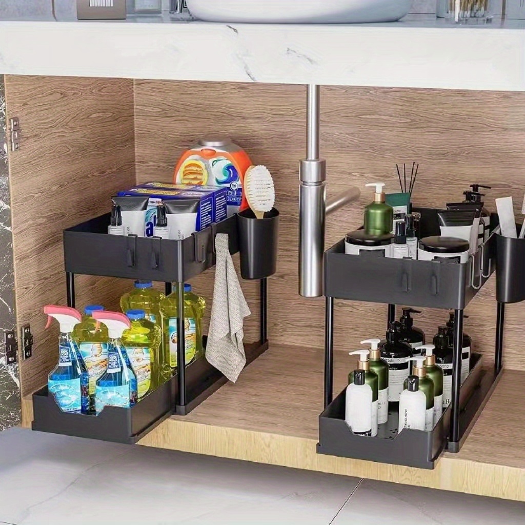 1pc Multi-Purpose Sliding Under Sink Organizer with 2 Tiers, 2 Cups, and 4  Hooks - Efficient Under Cabinet Storage and Drawer Basket Shelf for Kitchen