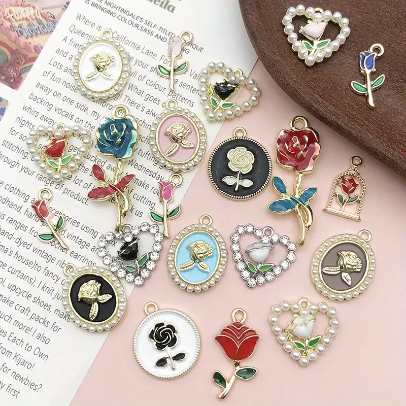 20pcs Enamel Flowers Charms Cute Rose Charms Pendants For Necklace Bracelet  DIY Jewelry Making Accessories