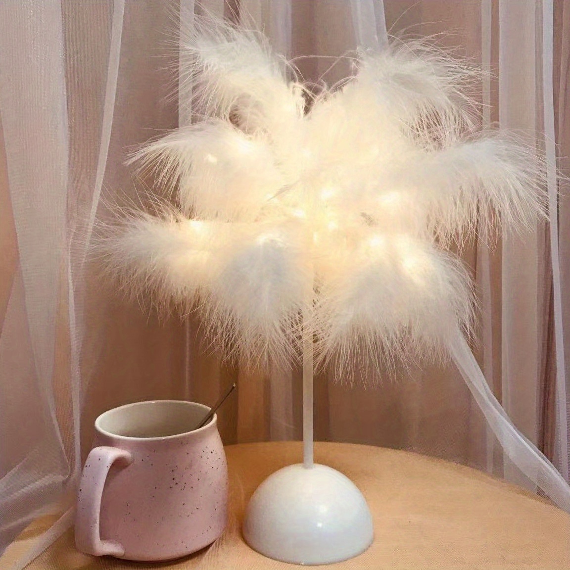 Bricolage créatif plume lampe de table lumière blanche chaude arbre plume  abat-jour fille led lampe de décoration de mariage rose blanc anniversaire