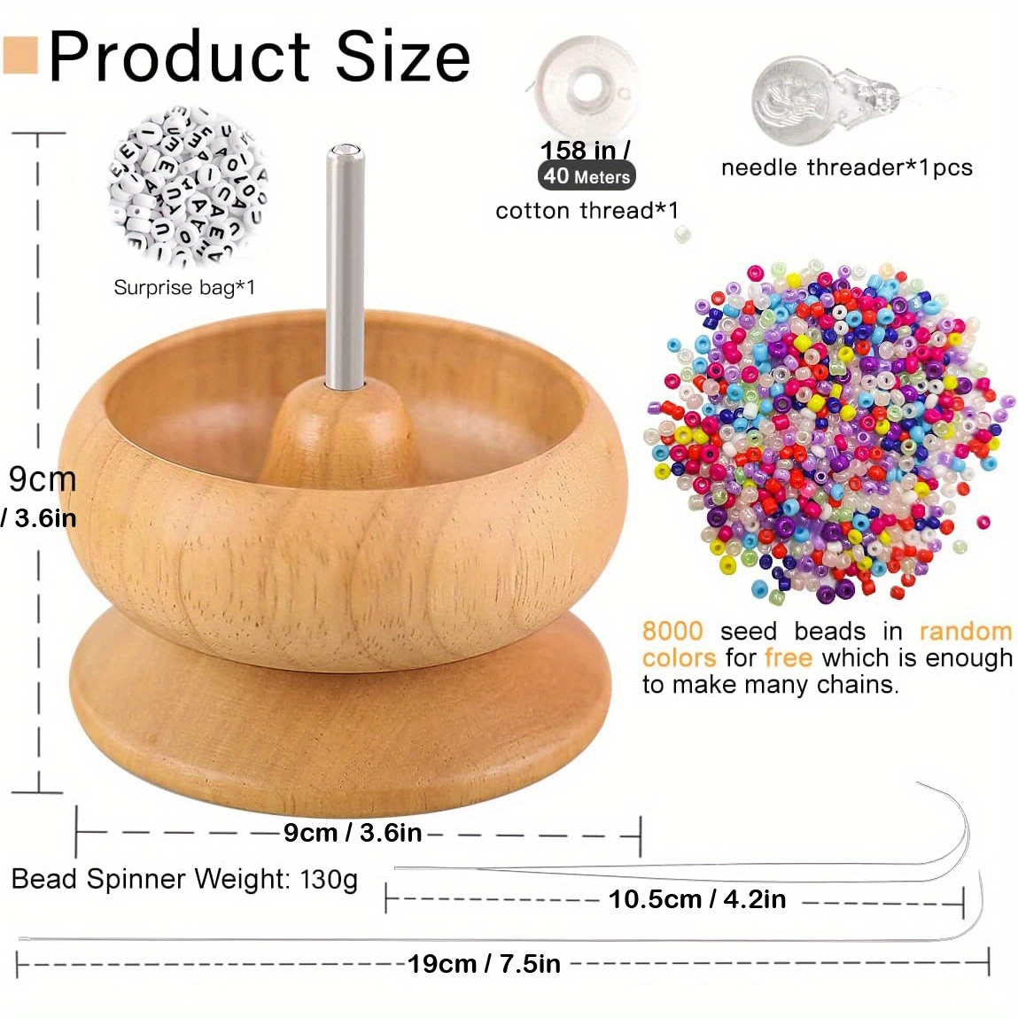 DIY Making Bead Spinner,with 2pcs Exlarge Eye Beading Needles,Wooden Spin Bead Loader for DIY Seed Beads, Waist Beads, Bracelets