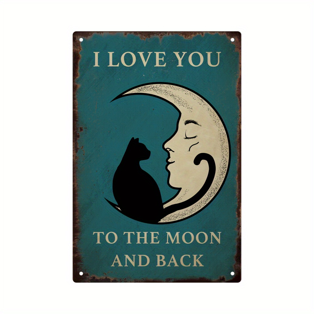 TEMU 1pc Putuo Decor Vintage Black Cat & Metal Sign - Rustic Teal Wall Art With "i Love You To The Moon And Back" , 7.8 X 11.8 Inches - Kitchen,