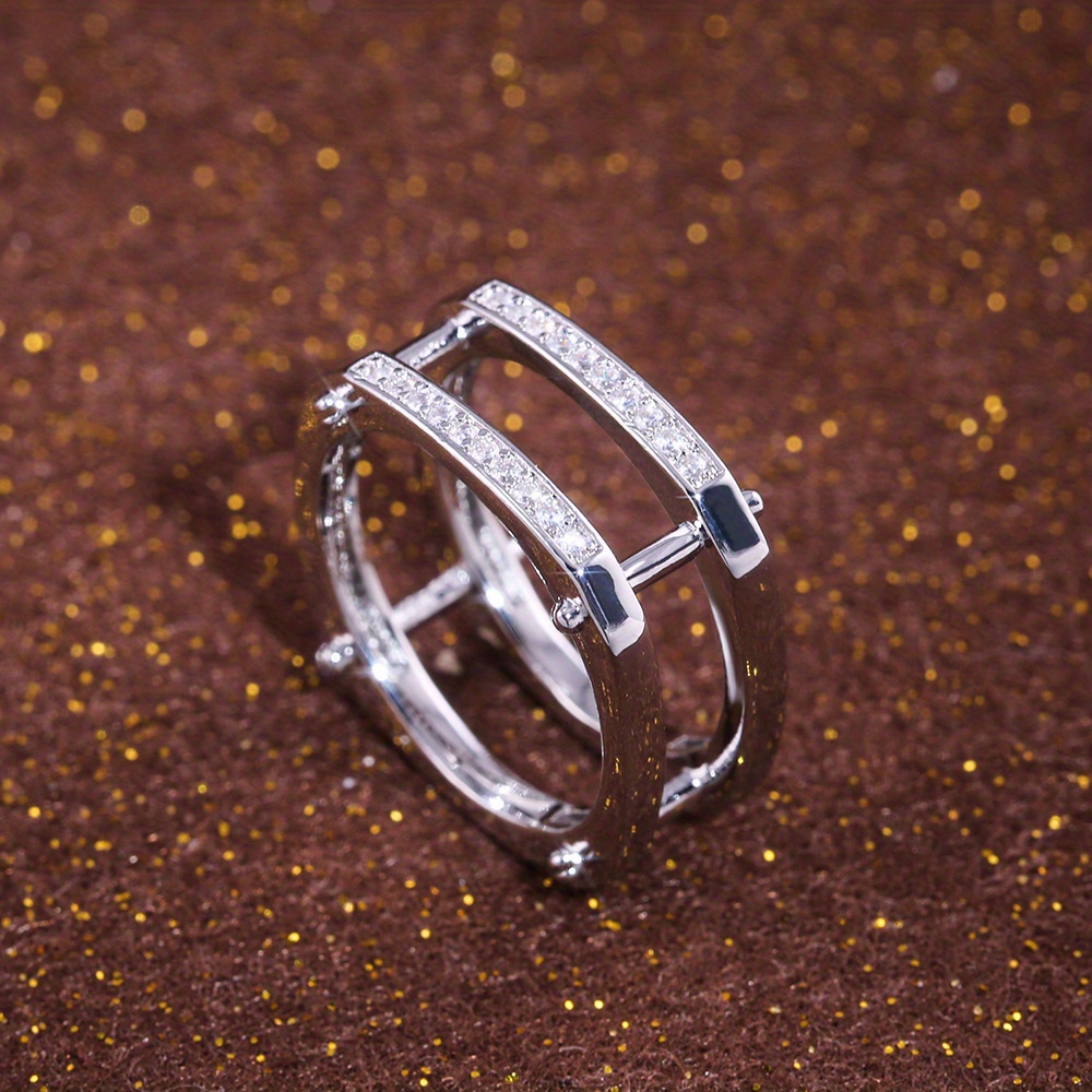 Double Band Silver Color Fill Rhinestone Band Ring Modern - Temu