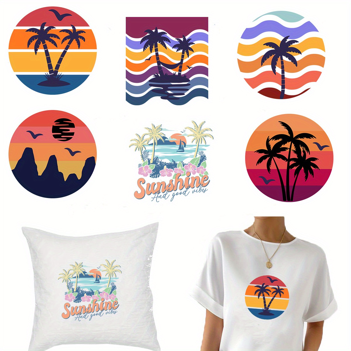 6PCS Summer Iron on Transfer Hawaiian Iron on Patches Stickers Coconut Tree  Dog Design Heat Transfer Vinyl Stickers Beach Seaside Iron on Appliques