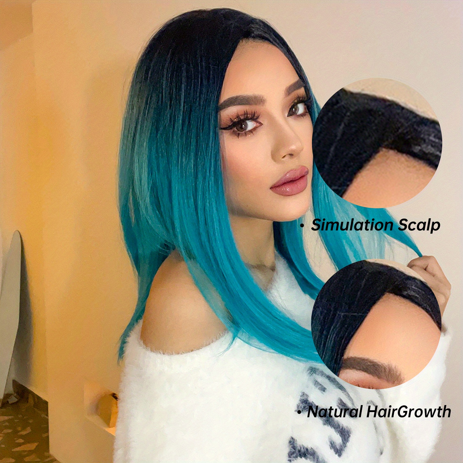 Ombre Blue Wig Black Roots Long Synthetic Wig Daily Use - Temu