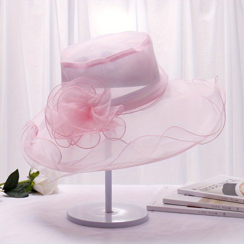 Wide Brim Organza Sun Hat Elegant Solid Color Derby Hat Mesh - Temu Canada