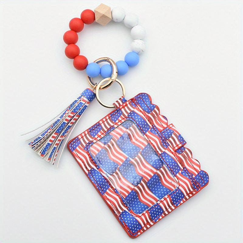 1pc Red Check Beaded Pu Leather Fringe Bracelet, Keychain, Wallet, Card &  Id Holder For Women