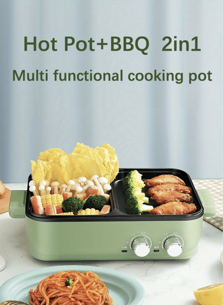multifunctional cooking pot electric barbecue grill hot pot frying pan 2 speed independent temperature control non stick pan mini hot pot household small baking tray 110v us standard power plug details 0