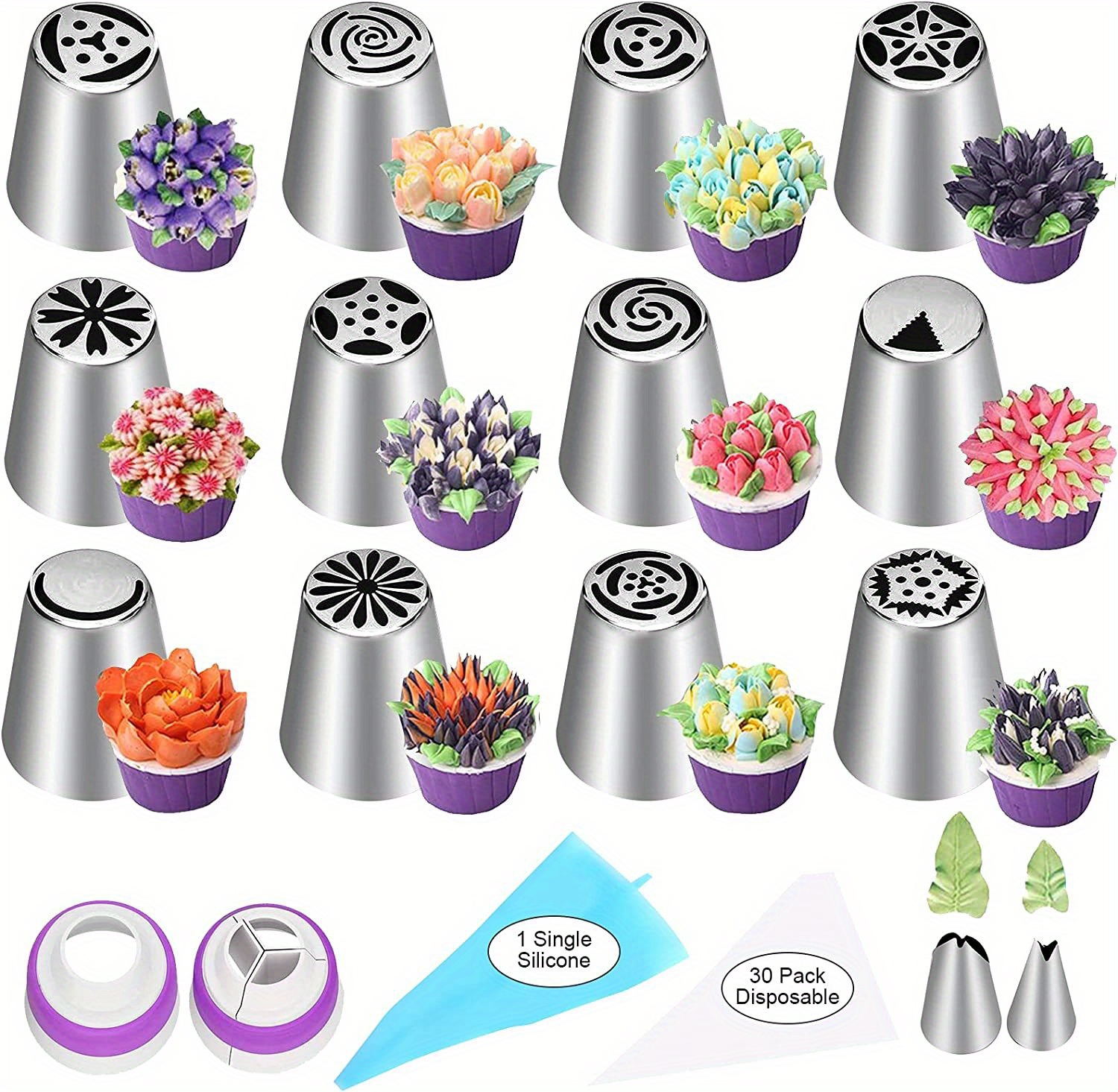Cake Decorating Set, Including 12 Flower Pastry Tips Nozzles Icing ...