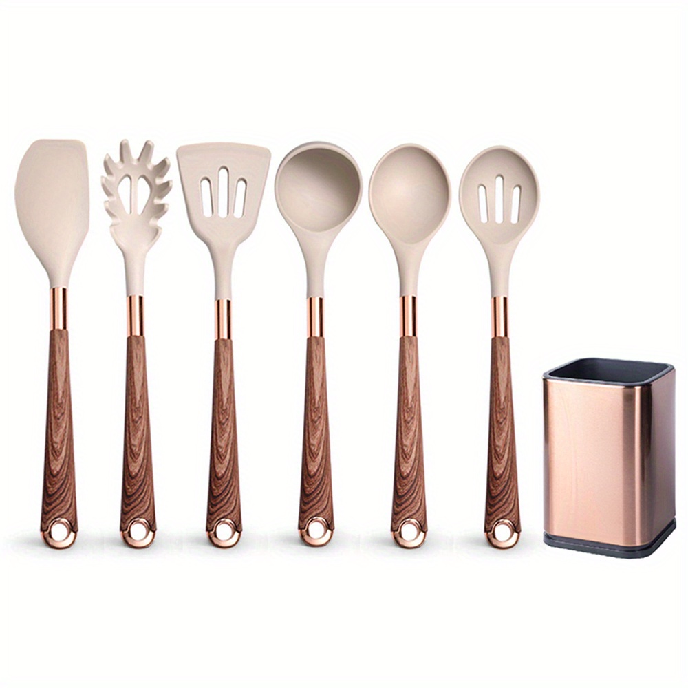 Juego de utensilios de cocina de silicona (6 piezas) de utensilios de  cocina de madera natural, resp…Ver más Juego de utensilios de cocina de  silicona