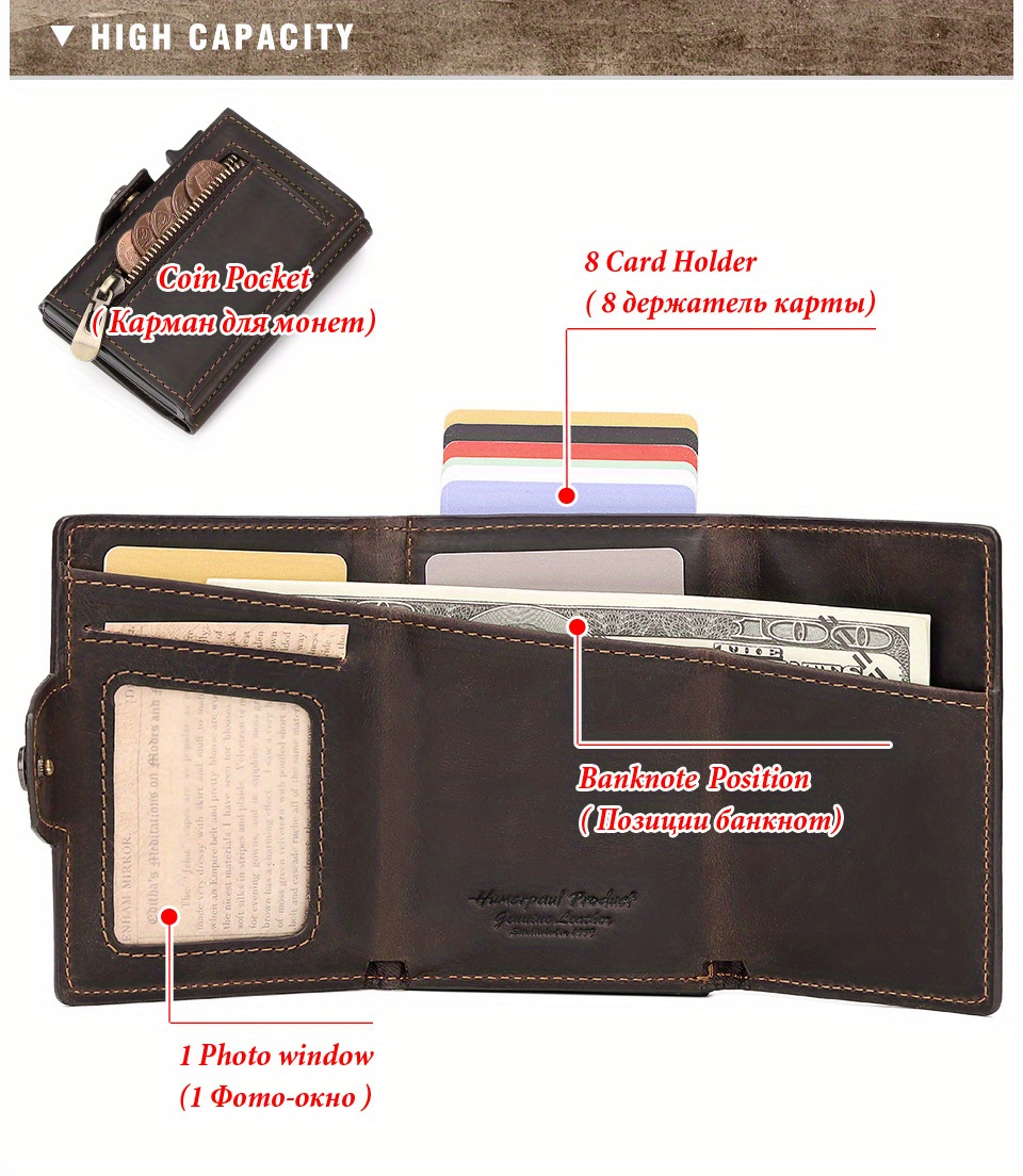 Paul Foreign Trade Oil Wax Crazy Horse Cowhide Coin Pocket Automatic Card RFID Metal Card Box Leather Card Bag