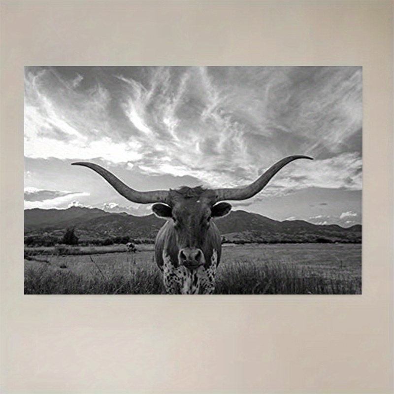 1 Pezzo Creativo Di Animali In Bianco E Nero Su Tela Da Parete, Immagine Di  Bovini Delle Highland Con Lunghe Corna, Mucca Del Texas Al Tramonto In