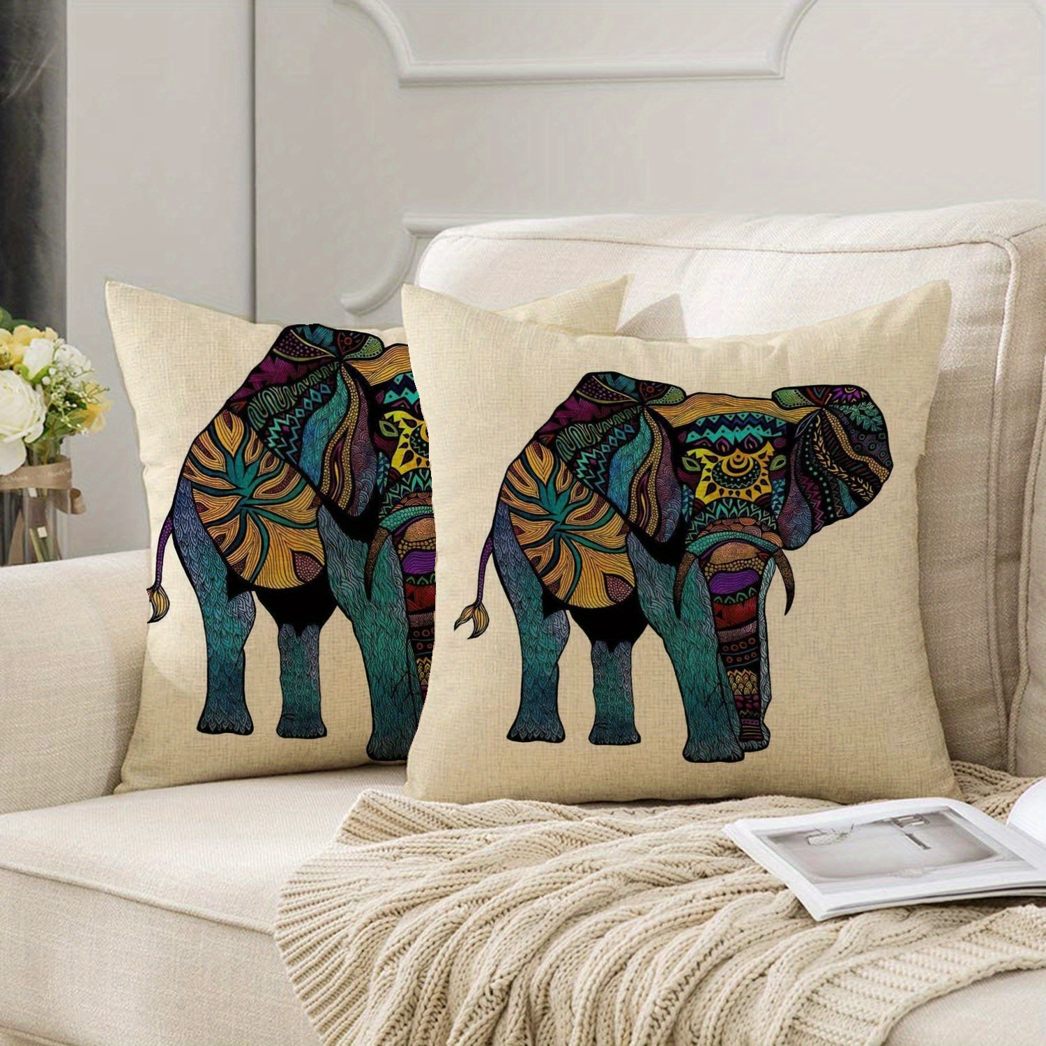 Bohemian Linen Elephant Printed Throw Pillow Covers Living Temu