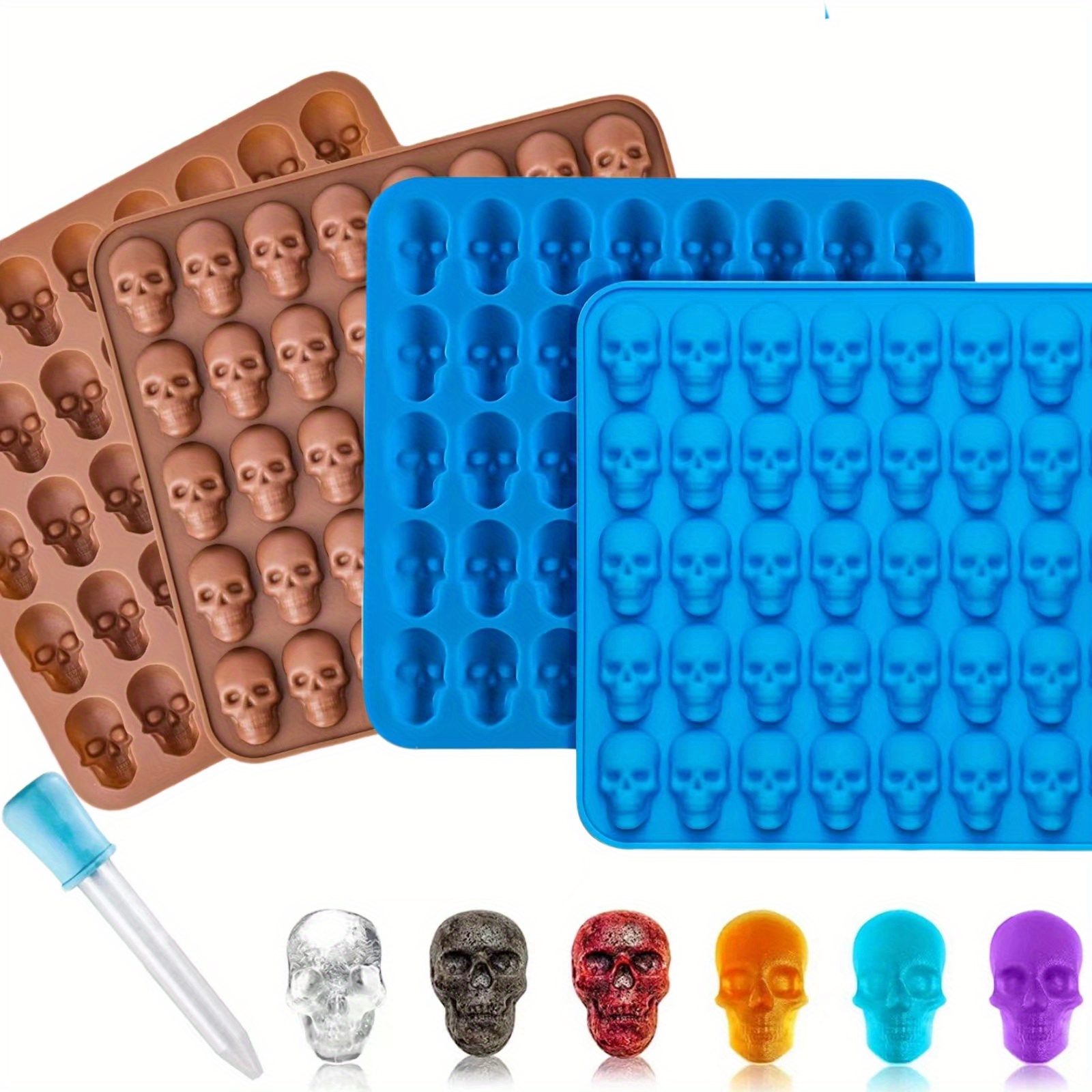 2Pcs Skull Silicone Candy Molds, Gummy Candy Molds Silicone Set with 1  Dropper and 80 Cavities for Candy, Chocolate, Ice Cube, Jelly