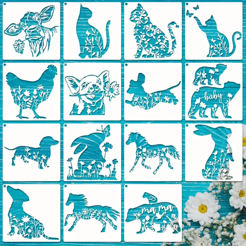 15pcs Flower Animal Stencils For Painting On Wood Floral Nature Farmhouse  Paint Stencil Dog Cat Bear Cow Bunny Reusable Embroidery Stencils For Drawin