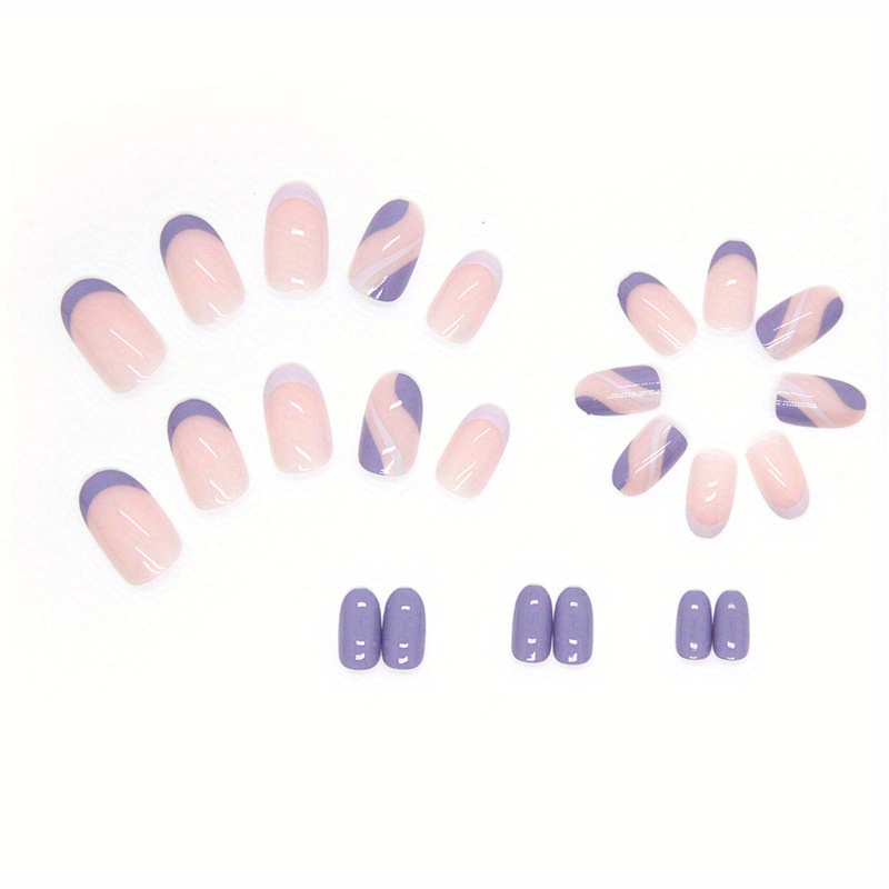 medium length almond press on nails pink purple glossy fake nails with ripple designs acrylic all cover false nails for women and girls 24pcs details 2