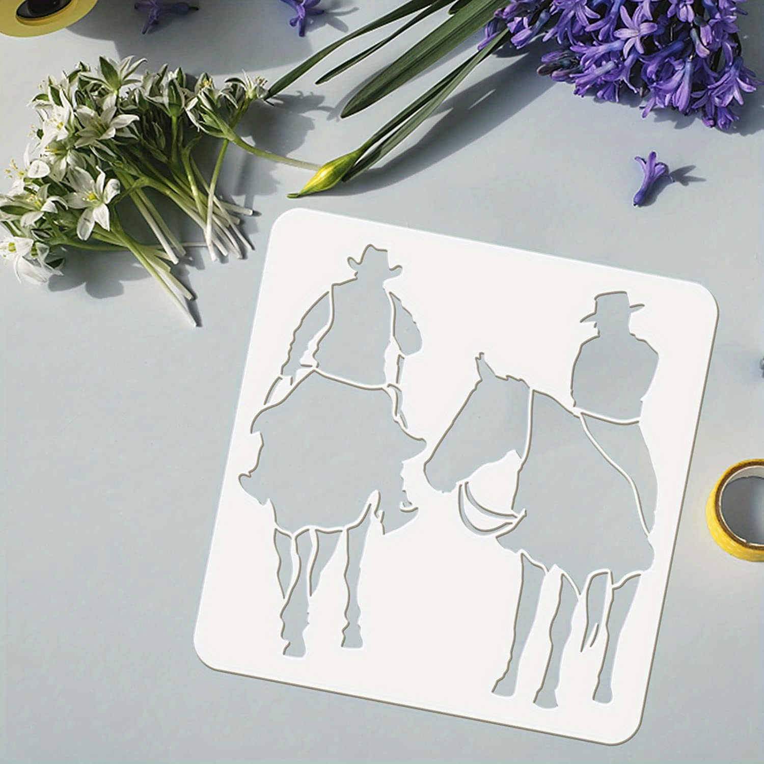 TEMU 1pc Western Cowboy Theme Stencil 11.8x11.8 Inch Horse Drawing Painting Stencils Plastic 2 Riding Horse Pattern Stencil Reusable Stencils For