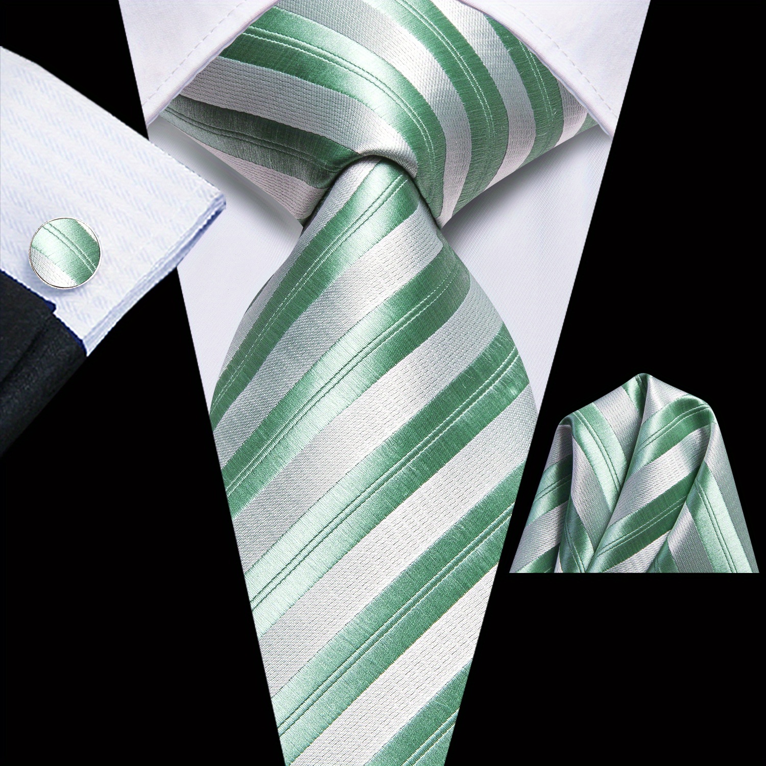 Striped Neck Ties For Men Wedding Party Green Necktie Hanky Tie