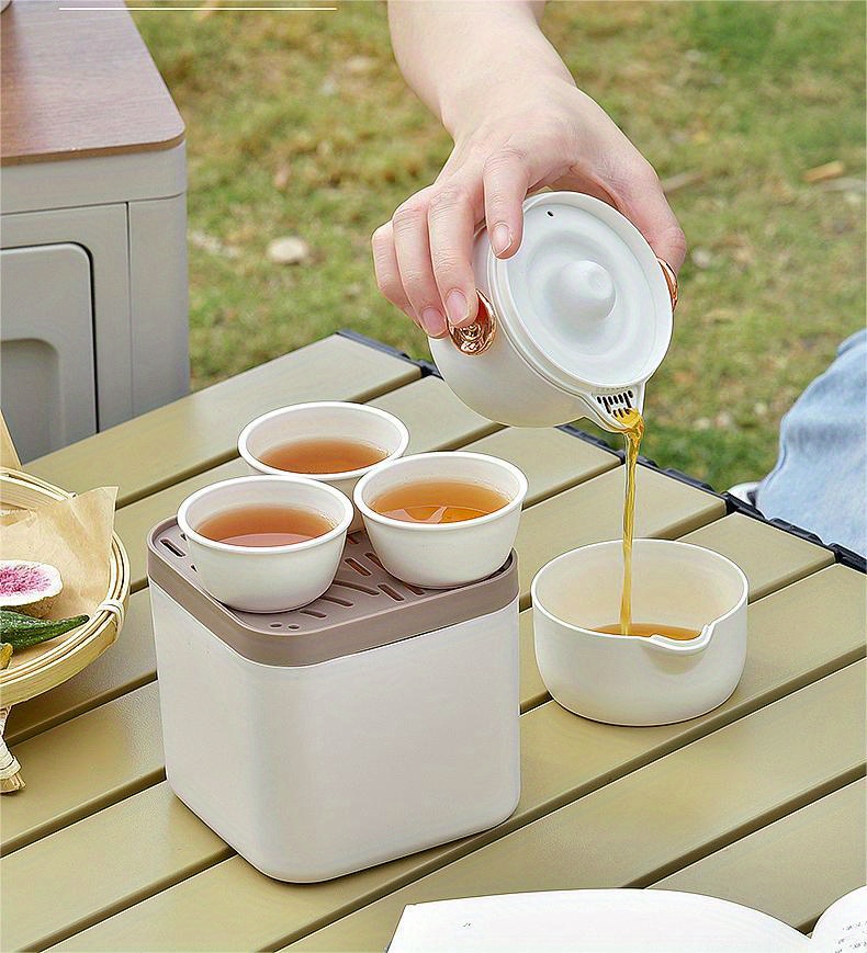 Service à thé de voyage en céramique, portable, 4 tasses, 1 théière pour  bureau, camping, pique-nique, voyage - Bleu