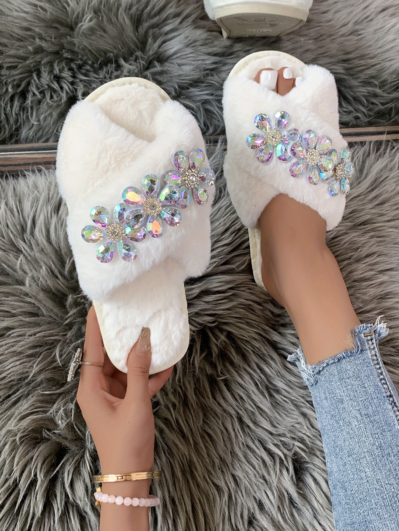 Women s Floral Rhinestone Slippers Crossover Strap Open Toe Temu