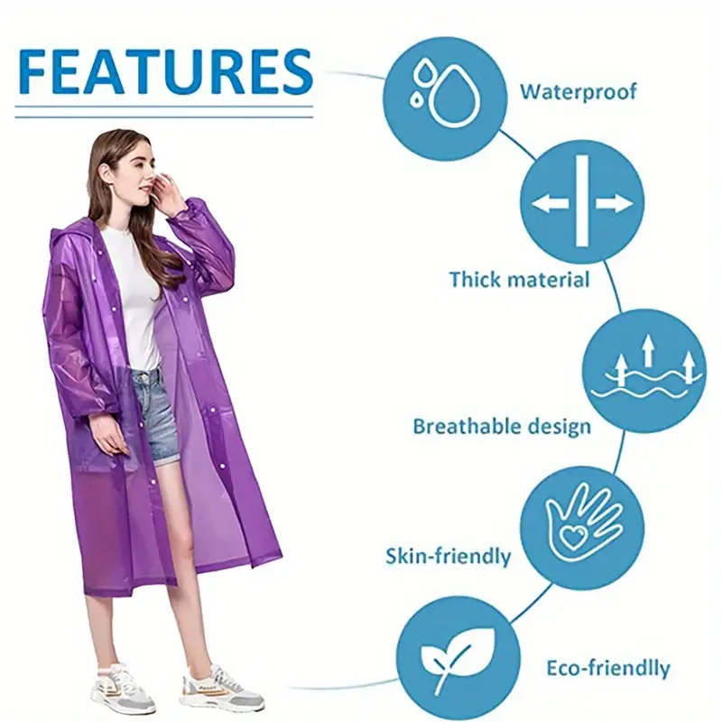 stay dry and stylish 1pc eva reusable rain poncho with hood and drawstring for women details 5