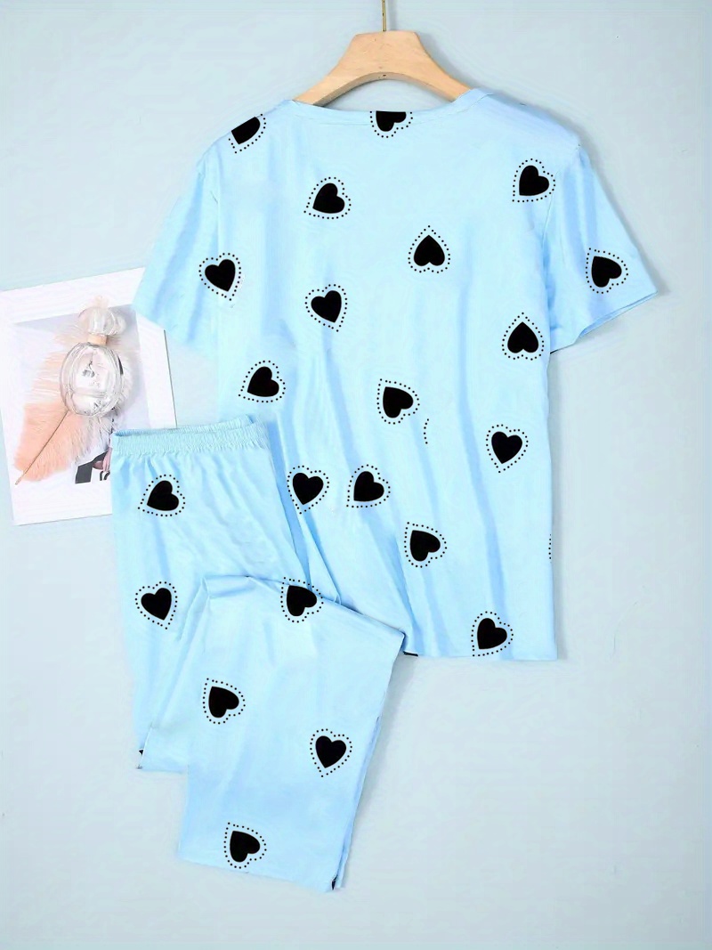 Heart Print Pajama Set, Short Sleeve Button Up Top & Lounge Pants, Women's  Sleepwear & Loungewear