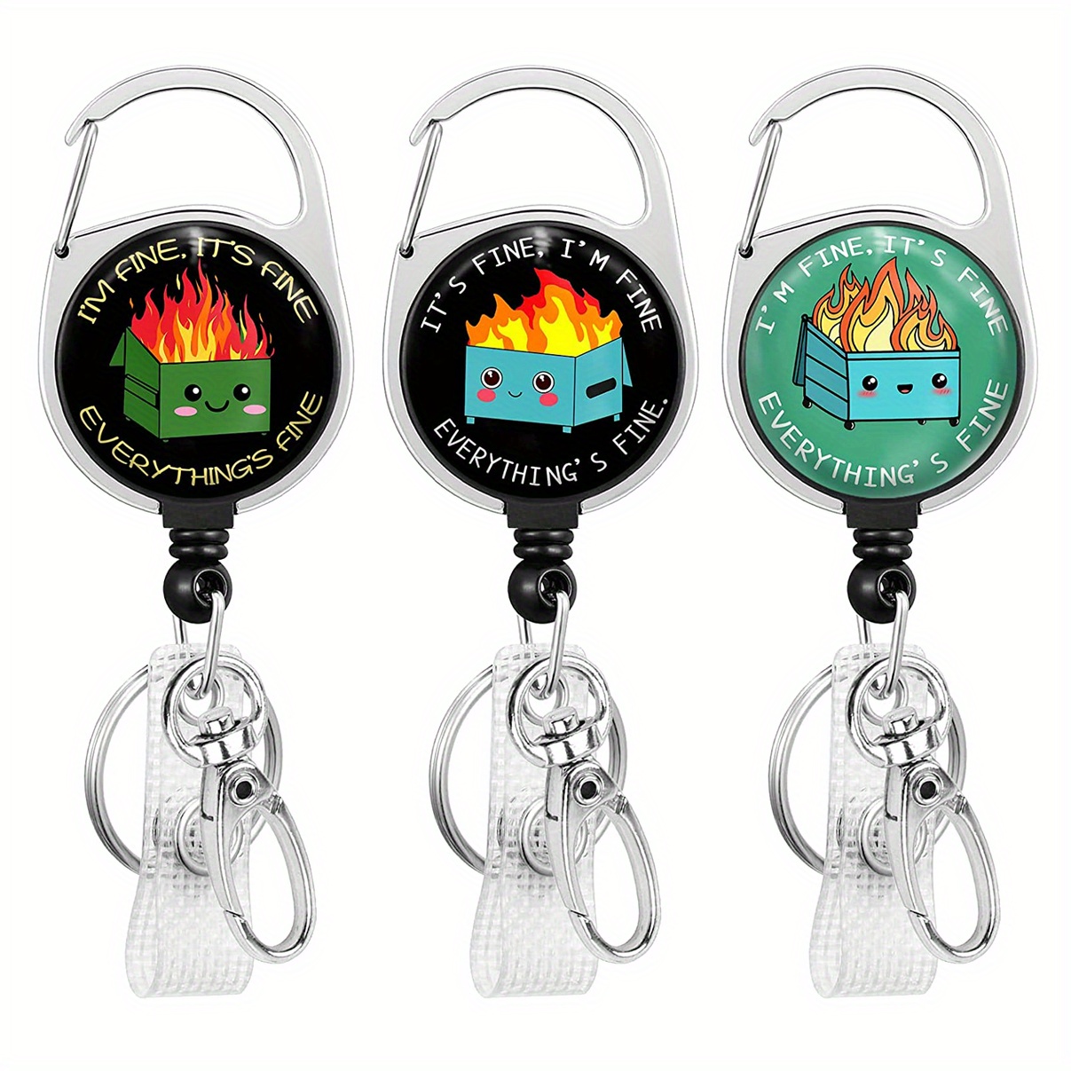 3pcs Funny Dumpster Fire THIS IS FINE Badge Reel Retractable Heavy Duty With 360° Swivel Carabiner Clip, Cute ID Badge Holder, Nurse Teacher ID