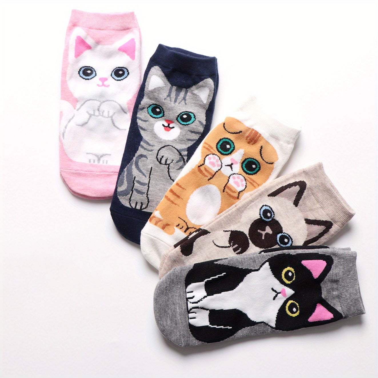 Image of 5-pack Cute Cartoon Cat Cotton Ankle Socks For Spring And Summer, For Teenager