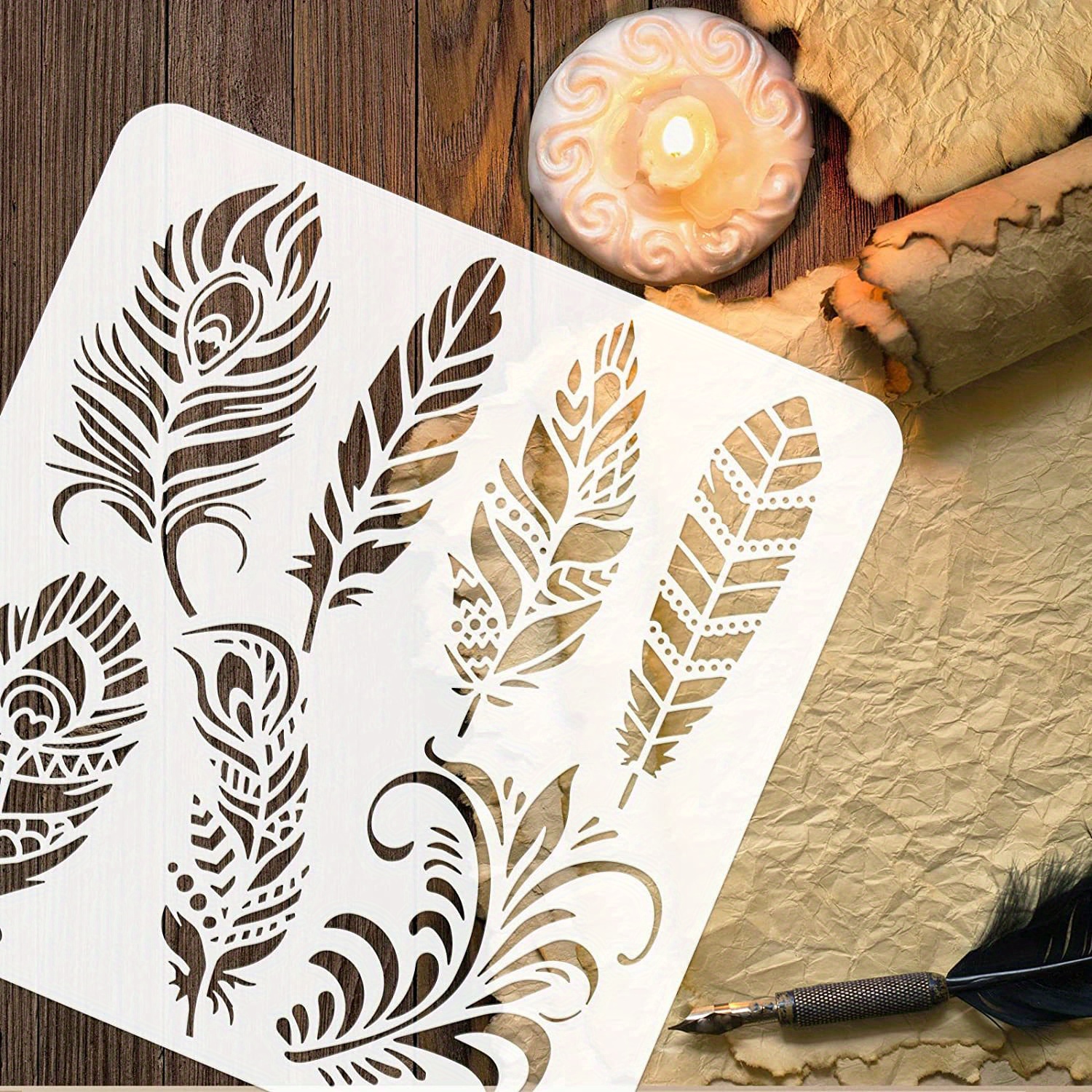 Feather Stencils for Painting 11.8x11.8inch Beautiful Feather Stencil Flying Bird Painting Stencil Bird's Feather Stencils for Painting on Wood Canvas