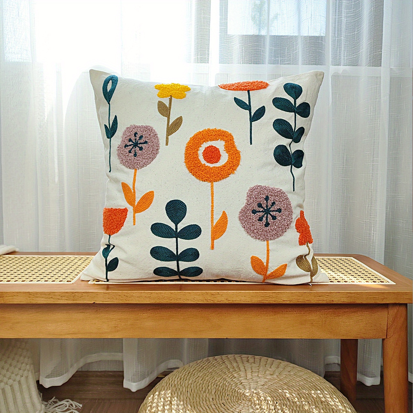 1pc Modern Style Linen Decorative Pillow Cover With Flower Print