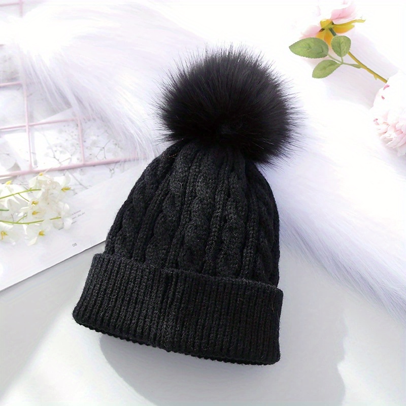 Winter Twisted Beanie Hat with Pom Poms, Unisex Windproof Warm Casual Knitted Woolen Hat,Temu