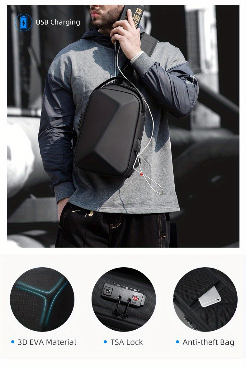 Hard Shell Sling Bag Backpack with Lock for Men Anti-theft Waterproof  Shoulder Bag Chest pack USB Charging