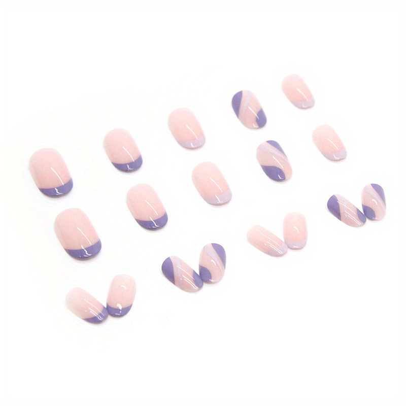 medium length almond press on nails pink purple glossy fake nails with ripple designs acrylic all cover false nails for women and girls 24pcs details 3