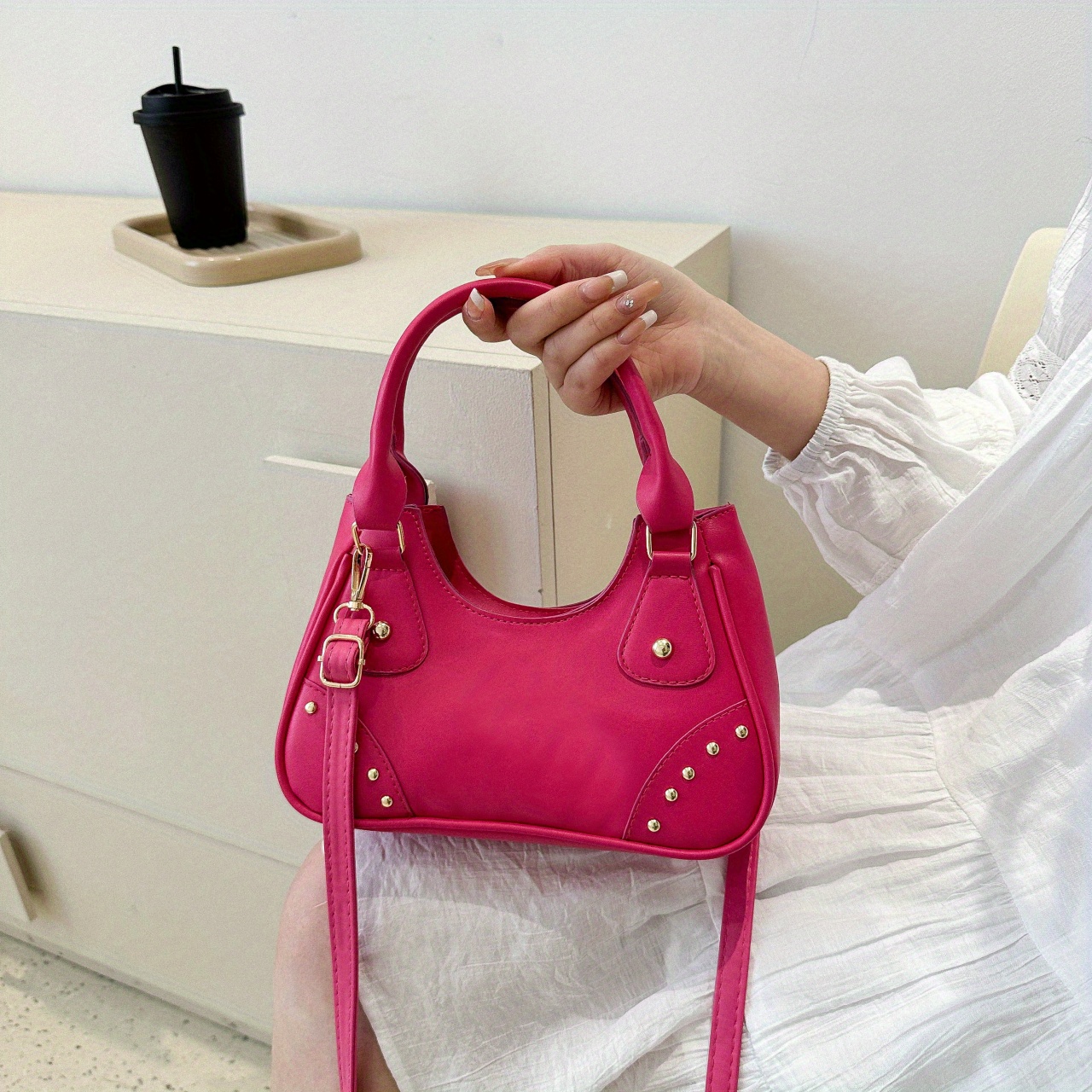 Rivet Studded Solid Color Shoulder Bag Portable Double - Temu