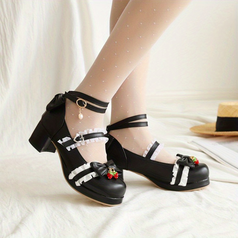 Round Toe Patent Leather Shoes Bowknot Decoration Cross Straps High Heel Sweet Lolita Shoes