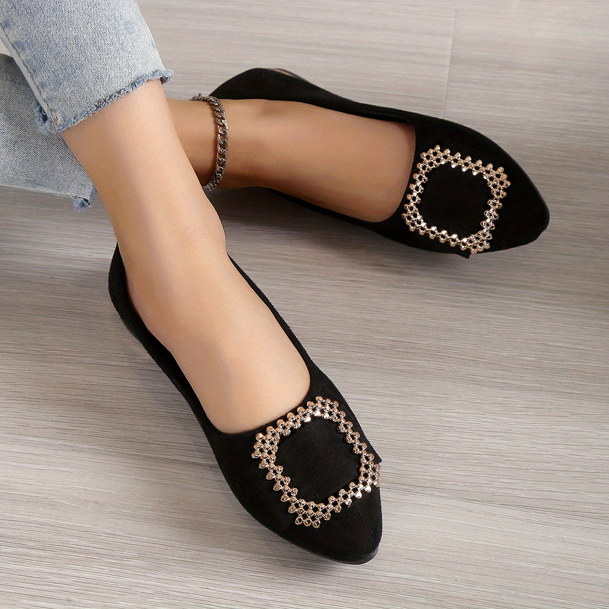 TEMU Women's Pointed Toe Flats, Metal Decor Soft Shoes, Walking Flats