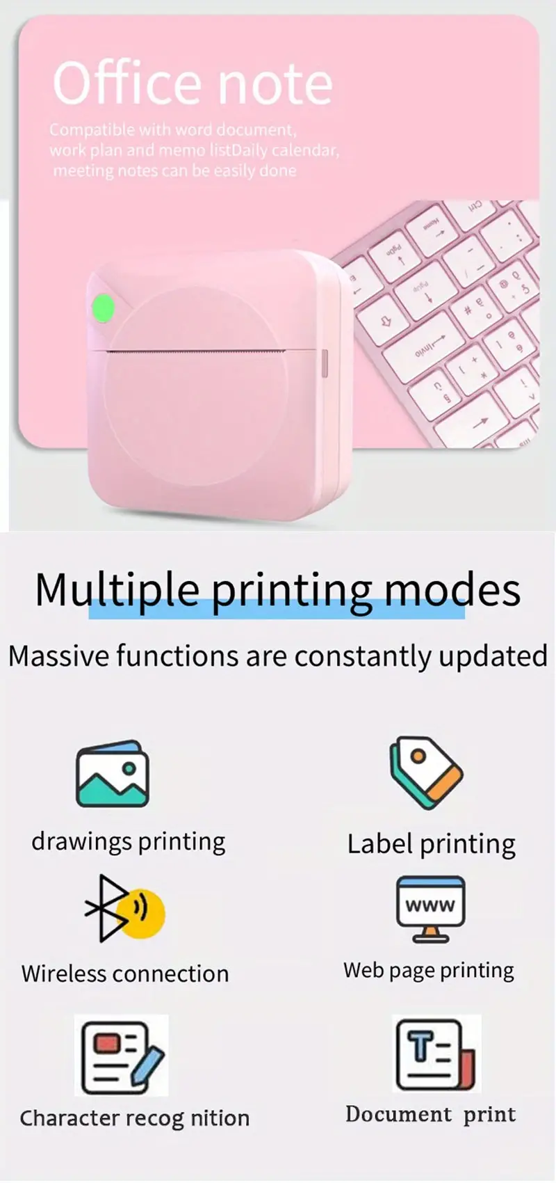 factory direct sales student mini printer bt mobile office staff ink free thermal printer print documents pictures labels materials connect mobile phone bluetooth download app android pink blue and white ink free pocket minicomputer details 2