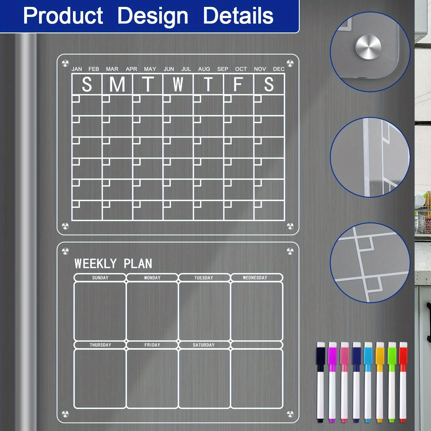 2 pièces 40x30 cm ( 16x12 Pouce ) Acrylique Frigo Magnétique Conseil  Calendrier , Lavable Mensuel Planificateur Et Planning Hebdomadaire ,  Mensuel Et Hebdomadaire Calendrier Avec 9 Magnétique Couleur Marqueurs Et 1