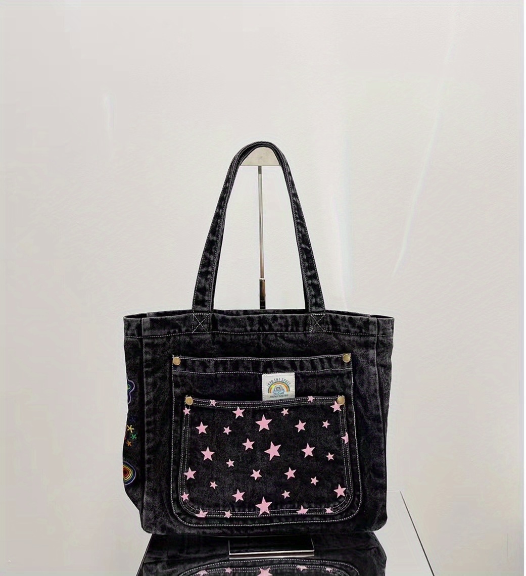 Women Denim Shoulder Bag Y2k Embroidered Tote Bag with Fringe Star