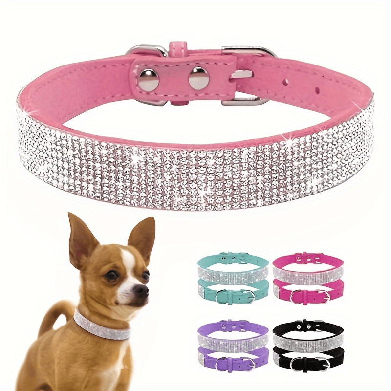 Adjustable Rhinestone Bling Leather Collar for Cats and Puppies