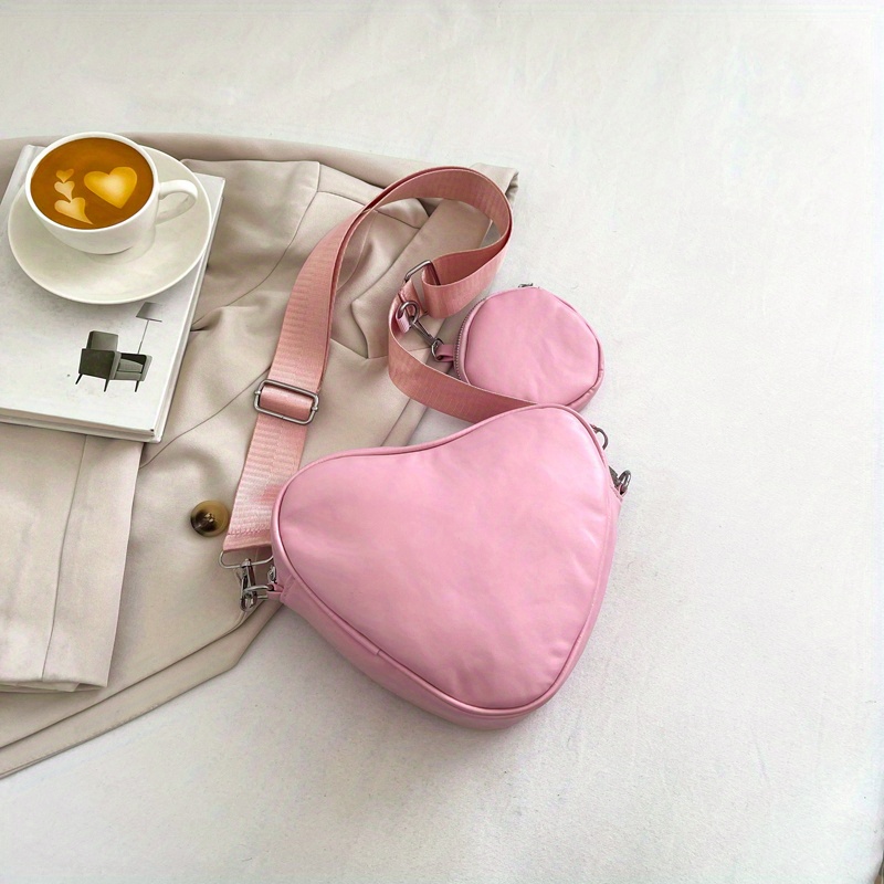 Heart Shaped Zipper Shoulder Bag, Solid Color Pu Leather Bag, Adjustable  Strap Crossbody Bag With Little Pouch - Temu