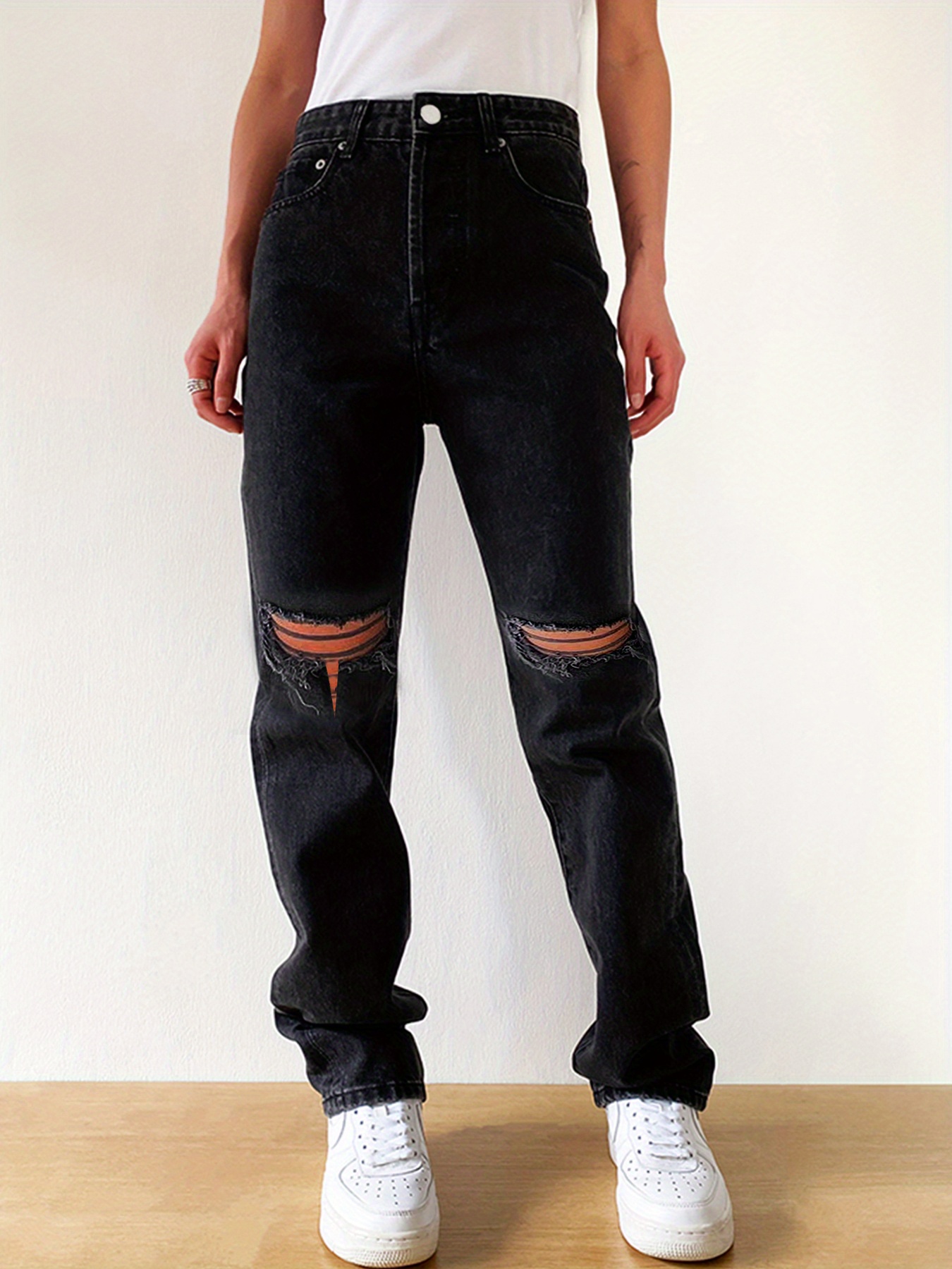 Jeans largos soltos com pernas retas e cintura alta joelhos - Temu Portugal